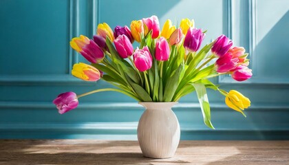 Beautiful Tulip flowers in a vase by a bright room