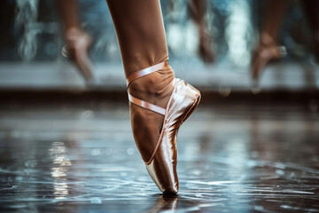 A photo of a ballerina's pointe foot on stage