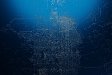 Street map of Salt Lake City (Utah, USA) engraved on blue metal background. View with light coming from top. 3d render, illustration
