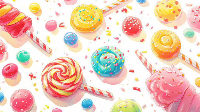 A colorful drawing of colorful candies on a white background.