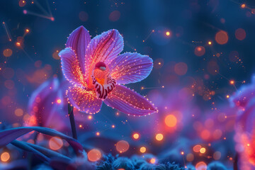 Neon-glowing orchids blinking in a bioluminescent forest, their light attracting digital fireflies.