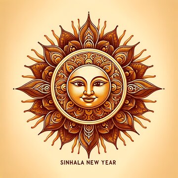 Illustration with a stylized sun with a face for sinhala new year celebration.
