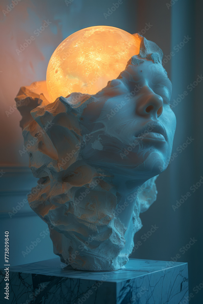 Poster a bust with a square headspace, housing an ambient moon-like light source within azure cloud whisper