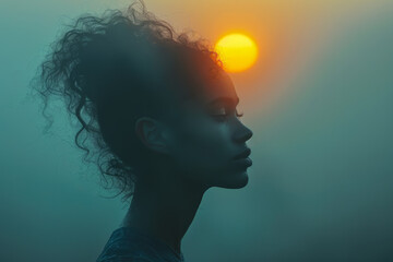 A head in profile, with a squared halo revealing a twilight sun, all set against a backdrop of ether - obrazy, fototapety, plakaty