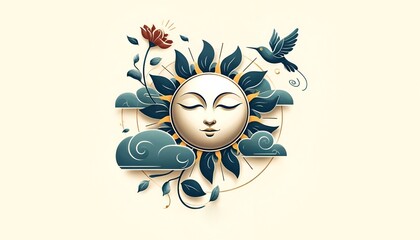 Illustration with a stylized sun with a serene face for sinhala new year celebration. - obrazy, fototapety, plakaty