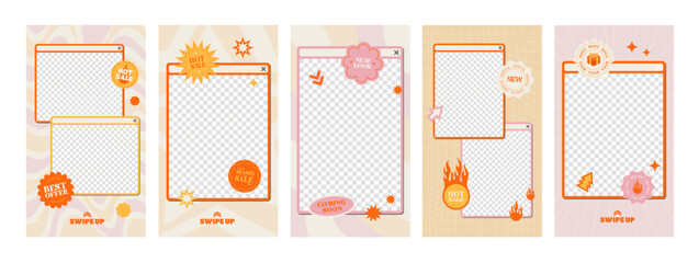 Retro Trendy Promotion. Background, frame, stickers. Set of abstract vintage template. New Arrival. Bonus. Sale. Best offer. Coming soon. Shopping stickers pack or icons collection. Vector