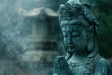 A contemplative statue against a shifting backdrop of teal mist and radiant energy lines. 35-105mm,