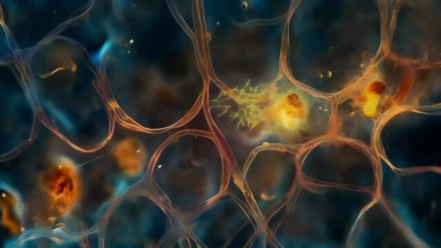 An electron microscope image of a neural tissue section giving a glimpse into the complex microarchitecture of the brain. . AI generation.