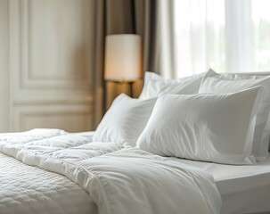 Fototapeta na wymiar White bed with white pillows and quilt in a bedroom interior, in a closeup