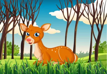 Fotobehang Cute spotted fawn sitting in a grassy woodland © GraphicsRF