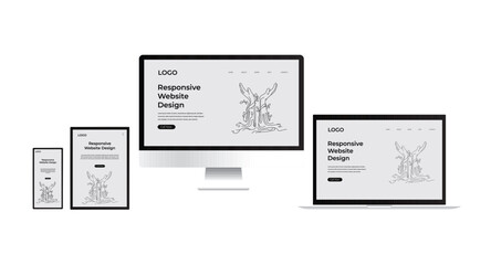 Responsive website mockup on different devices computer Mac laptop tablet and phone Responsive web ui design