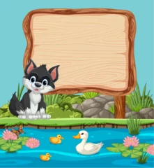 Foto auf Leinwand Cute cat with ducks near water and blank sign. © GraphicsRF
