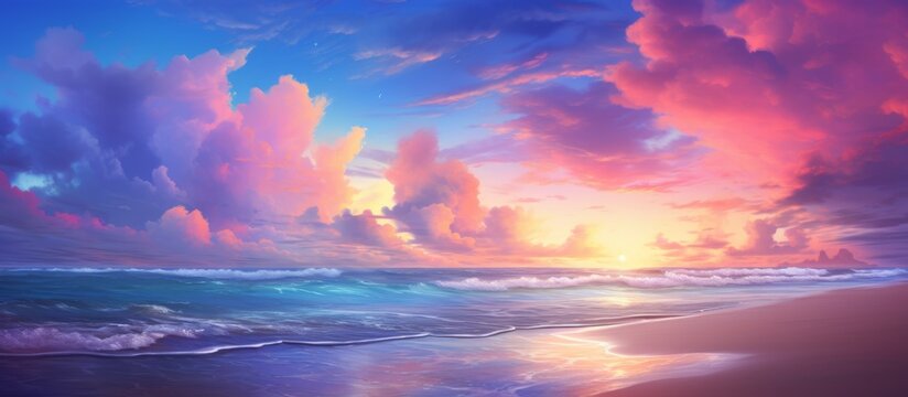 Sunset painting showcases vibrant colors as the sun sets over the calm ocean with fluffy clouds in the sky, creating a serene and peaceful scene