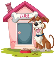 Fotobehang Cheerful dog sitting by its colorful kennel. © GraphicsRF