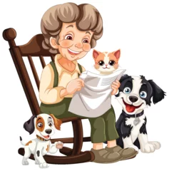 Poster Elderly woman reading with cat and dogs © GraphicsRF