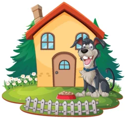Foto op Canvas Cheerful dog sitting by its home with food. © GraphicsRF