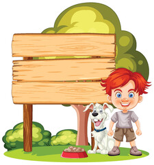 Boy and pet dog standing by a wooden signboard.