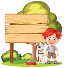 Poster Boy and pet dog standing by a wooden signboard. © GraphicsRF