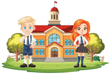Two students in uniform outside a schoolhouse
