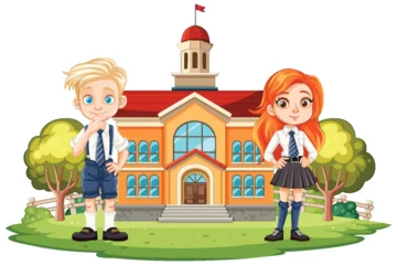 Foto op Plexiglas Two students in uniform outside a schoolhouse © GraphicsRF