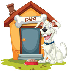 Cheerful dog sitting by its kennel with a bone.