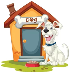 Fotobehang Cheerful dog sitting by its kennel with a bone. © GraphicsRF