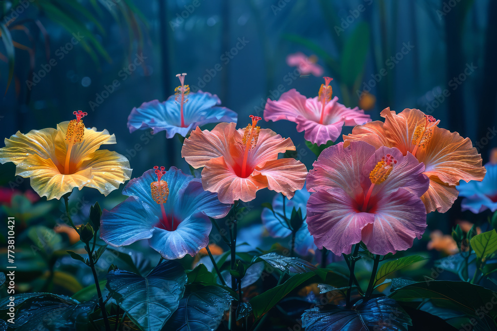 Aufkleber An array of tropical hibiscus with thermo-reactive petals, shifting colors with the forest's tempera