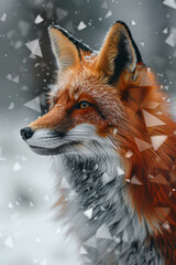 An abstract geometric fox, crafted from vibrant triangles and polygons, against a realistic snowy ba