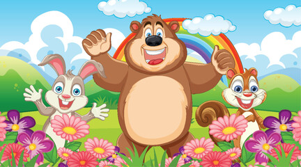 Cartoon bear and squirrels with rainbow in meadow