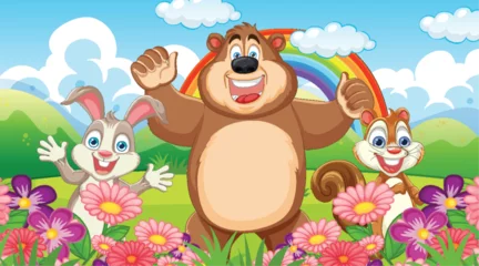Foto auf Acrylglas Cartoon bear and squirrels with rainbow in meadow © GraphicsRF