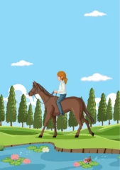 Foto op Plexiglas Kinderen Woman riding horse by a tranquil forest stream