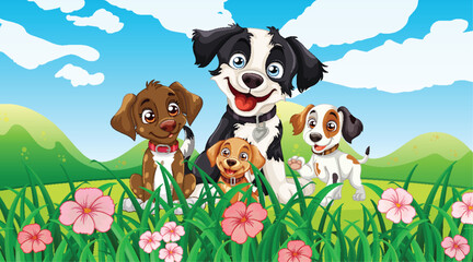 Four cartoon dogs enjoying a sunny floral landscape.