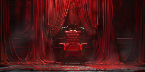 The Throne Room with Gold royal chair on a white background of red curtains. Place for the king.. generative ai  - obrazy, fototapety, plakaty