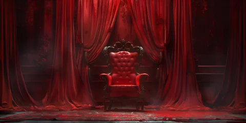 Fotobehang The Throne Room with Gold royal chair on a white background of red curtains. Place for the king.. generative ai  © Malaika