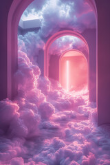 Dreamlike interior space with soft violet tones and luminous clouds hovering above a gentle gradient