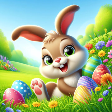 A joyful bunny expressive eyes and floppy ears, hopping through a vibrant meadow with colorful Easter eggs.