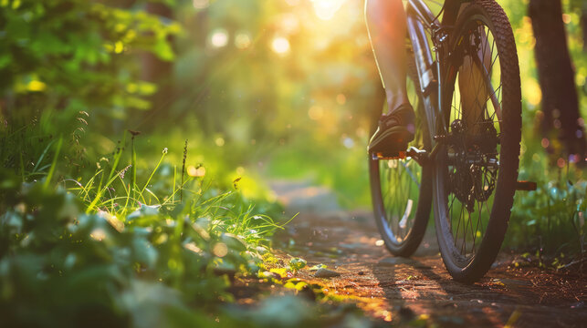 Close-up of a person riding a bicycle on a sunlit path through a lush green forest