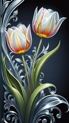 beautifully illustrated tulips with a blend of vibrant colors and ornamental metallic or luminescent accents