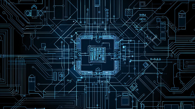overhead view of a modern, detailed, realistic multi core processor architecture blueprint