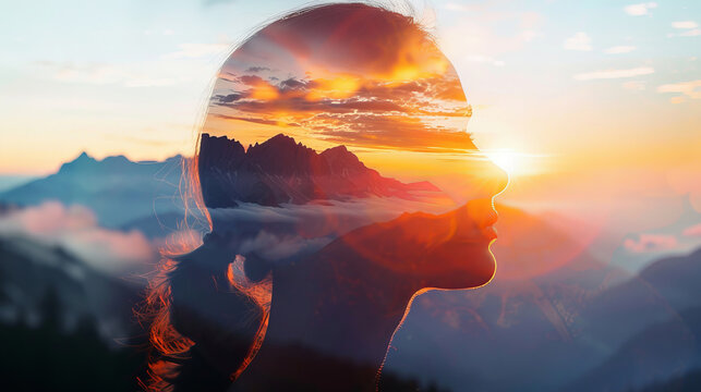 Double exposure combines a woman's face and high mountains at sunset. Panoramic view