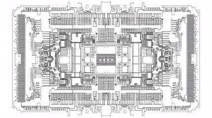 overhead view of a modern, detailed, realistic multi core processor architecture blueprint