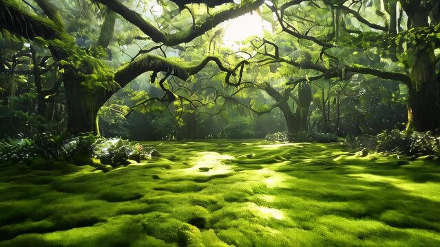 Sunlight filters through the trees in a moss-covered forest, creating a mystical atmosphere. 