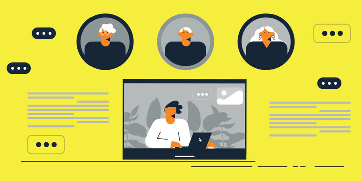 People working using computer. Vector illustration of website design, development, programming, SEO. Digital chat bot, robot application, conversation