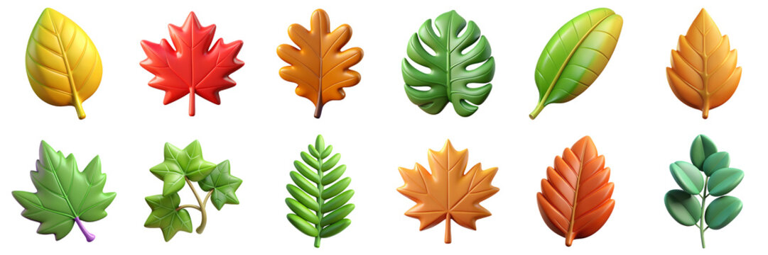 Plant leaves, nature 3D icons. Illustration of yellow leaf, red maple, green oak, monstera, fern, orange leaf, red ivy