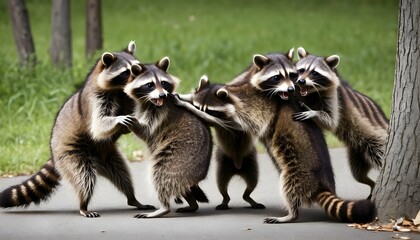 Naklejka premium a raccoon with a group of other raccoons engaging upscaled 8