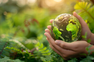 Hands holding a green tree globe on a summer background of tropical nature, the concept of ecology and the environment.