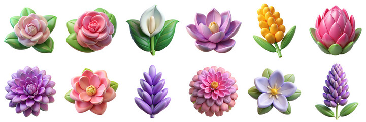 Flowers 3D icons. Illustration of succulent, camellia, calla lily, lotus, crocus, protea, hyacinth, water lily