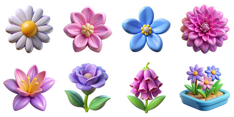 Flowers 3D icons. Illustration of daisy, plumeria, forget-me-not, dahlia, lily, rose, bellflower, potted aster