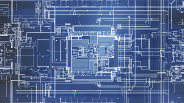 overhead view of a modern, detailed, realistic multi core processor architecture blueprint