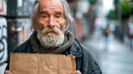 Elderly man with a beard holding a cardboard sign on a busy street